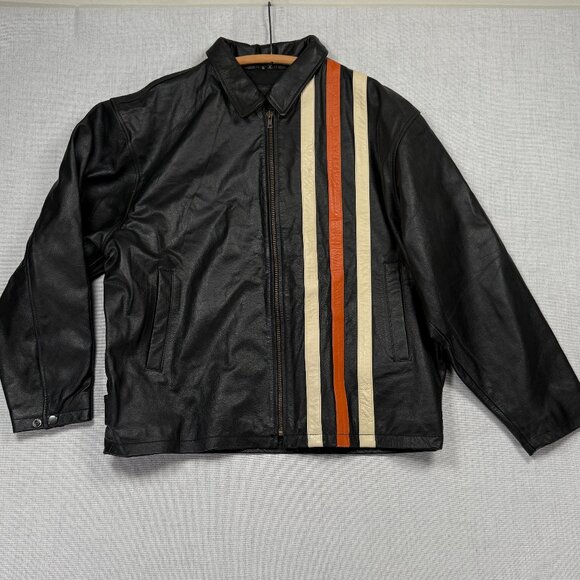 Geek Squad Leather Racing Stripe Jacket Black Orange Cream PC Techies Size L - Picture 2 of 15